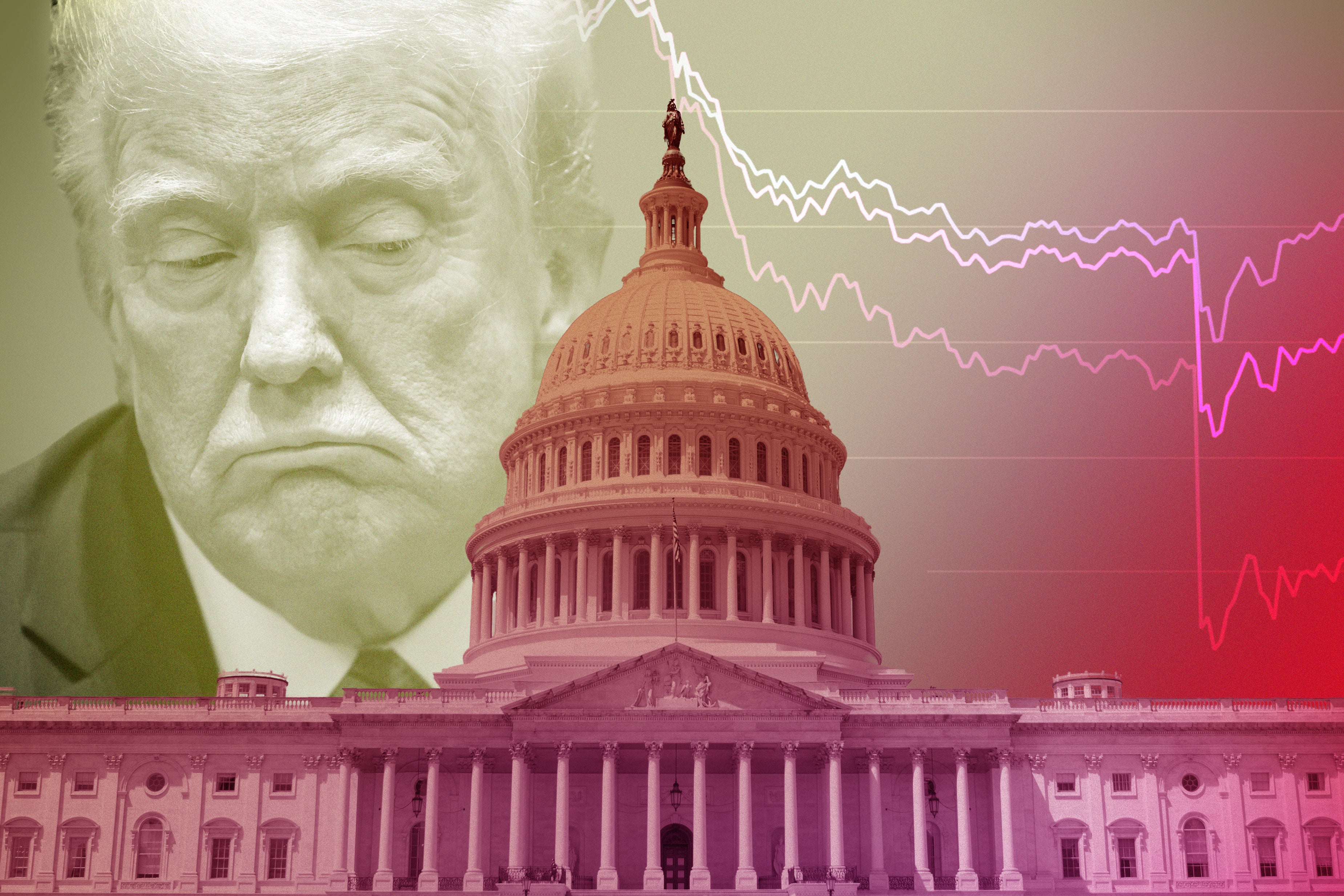 The Capitol building, with Trump's face superimposed in the background, frowning, and a downward trend line on a graph.