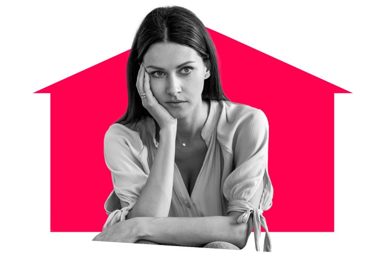 Woman looking displeased, in front of a graphic of a house.