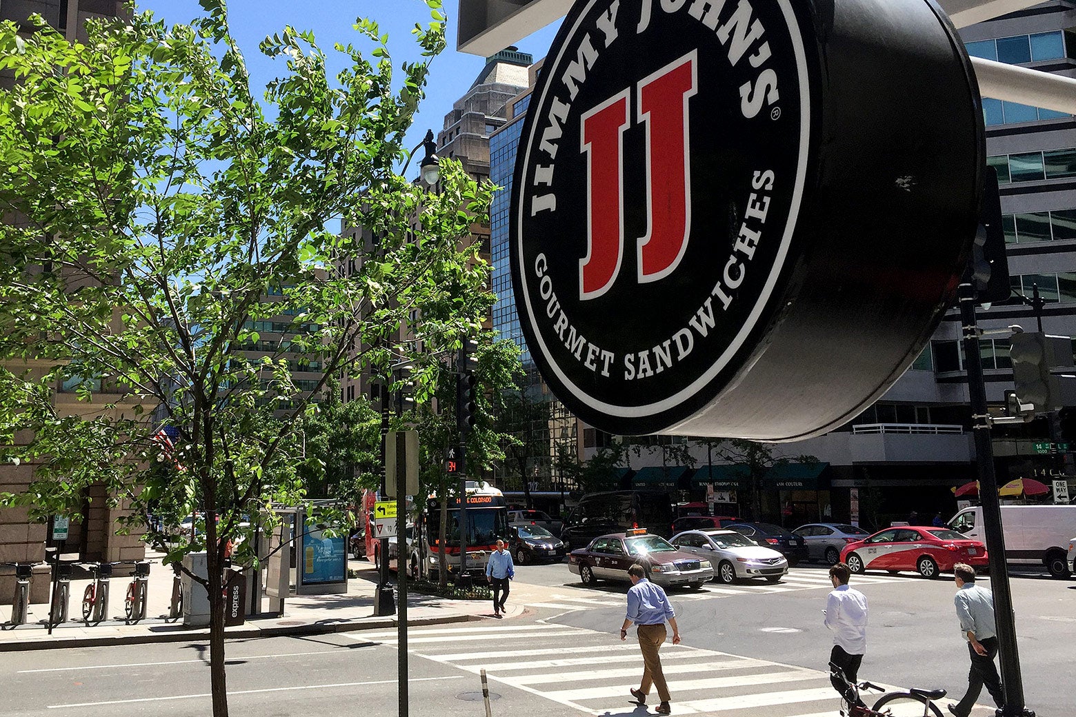 A Jimmy John's logo hangs outside one of their shops in Washington, D.C., on June 9, 2016