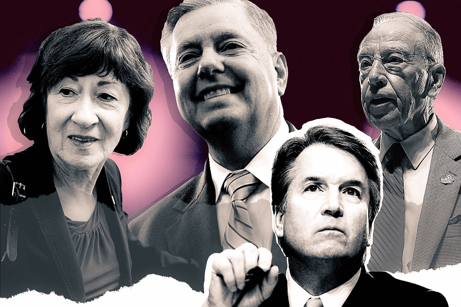 Photo collage of Sen. Susan Collins, Sen. Lindsey Graham, Judge Brett Kavanaugh, and Sen. Chuck Grassley