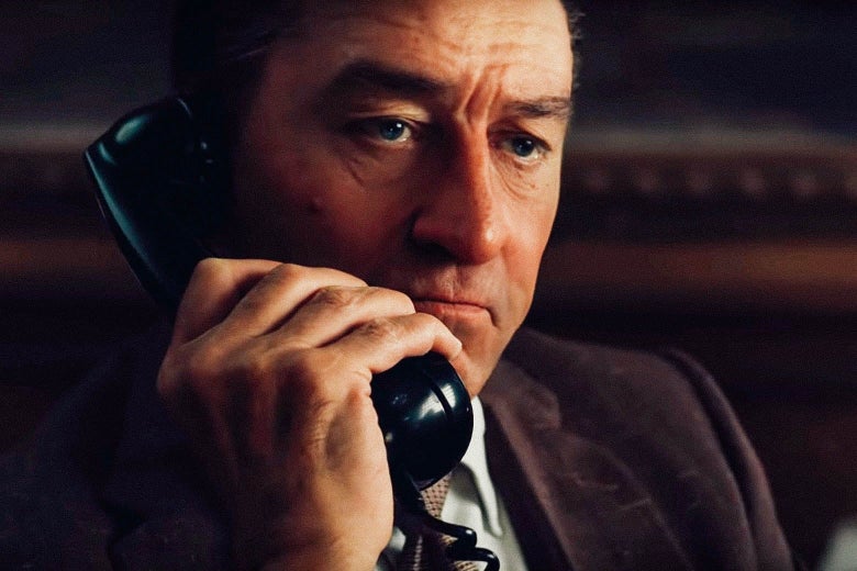 De-aged Robert De Niro answering a phone. 