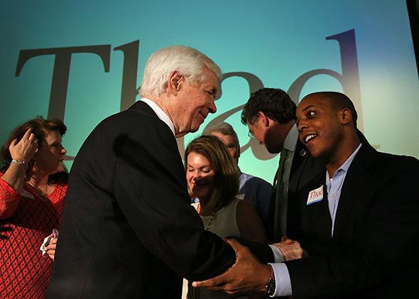 Sen. Thad Cochran greets supporters during his victory party on June 24, 2014, in Jackson, Mississippi.
