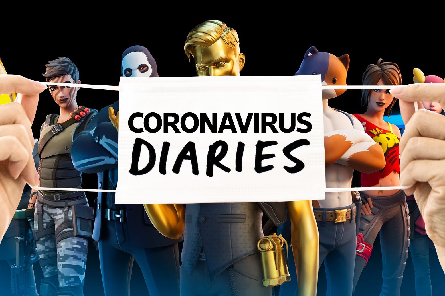 Two hands holding a mask that says "Coronavirus Diaries" over images of several characters from Fortnite including a golden man, an anthropomorphized cat with large muscles, and a man in a luchador-like skull mask.