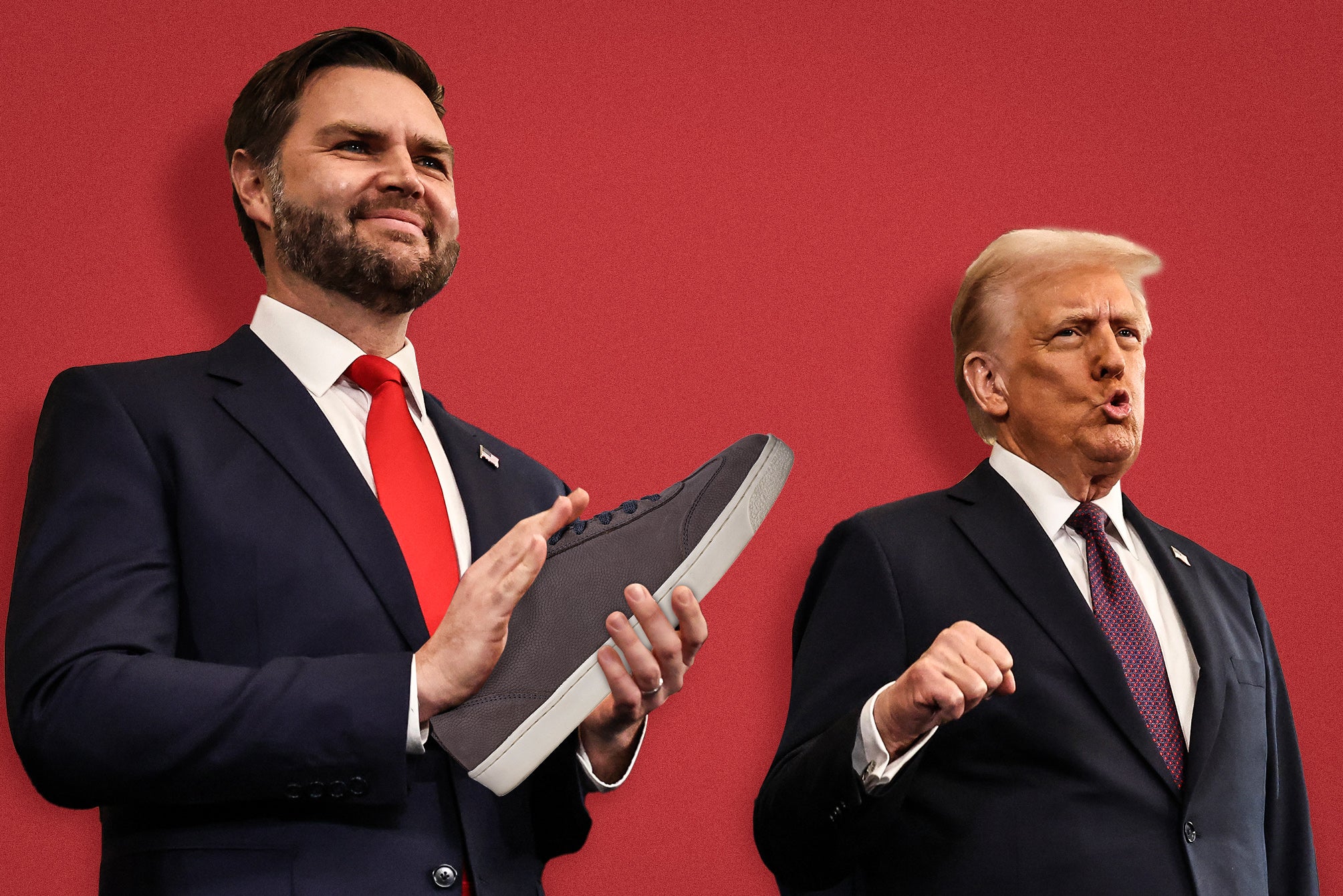 A photo illustration of JD Vance holding a shoe and Trump standing next to him making a fist