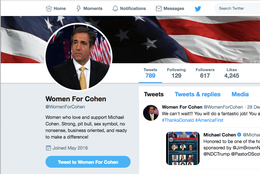 A screen grab of the @WomenForCohen page, in which you can see an American flag cover photo, a photo of Cohen as the profile photo, and the caption.