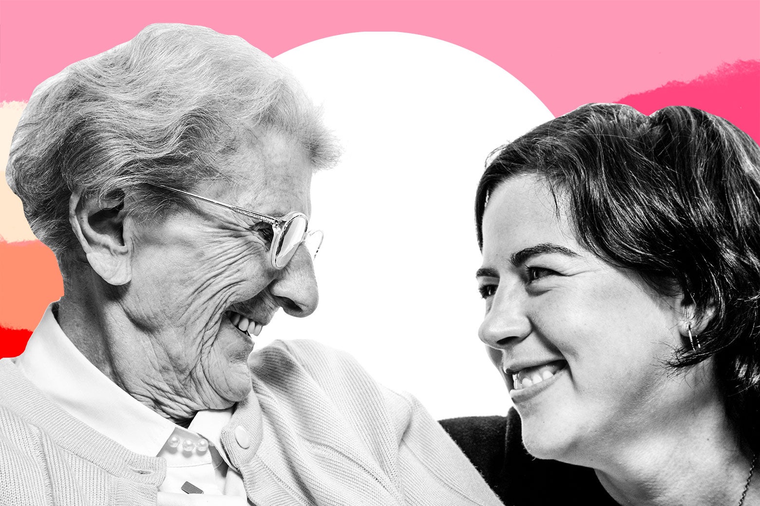 An elderly woman and a 20-something woman smiling and talking.