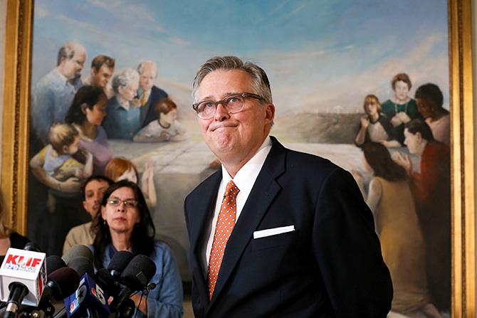 George Mason, senior pastor at the Wilshire Baptist Church, speaks to the media about the passing of the first Ebola patient in America, Thomas Eric Duncan, from his church on Oct. 8, 2014, in Dallas