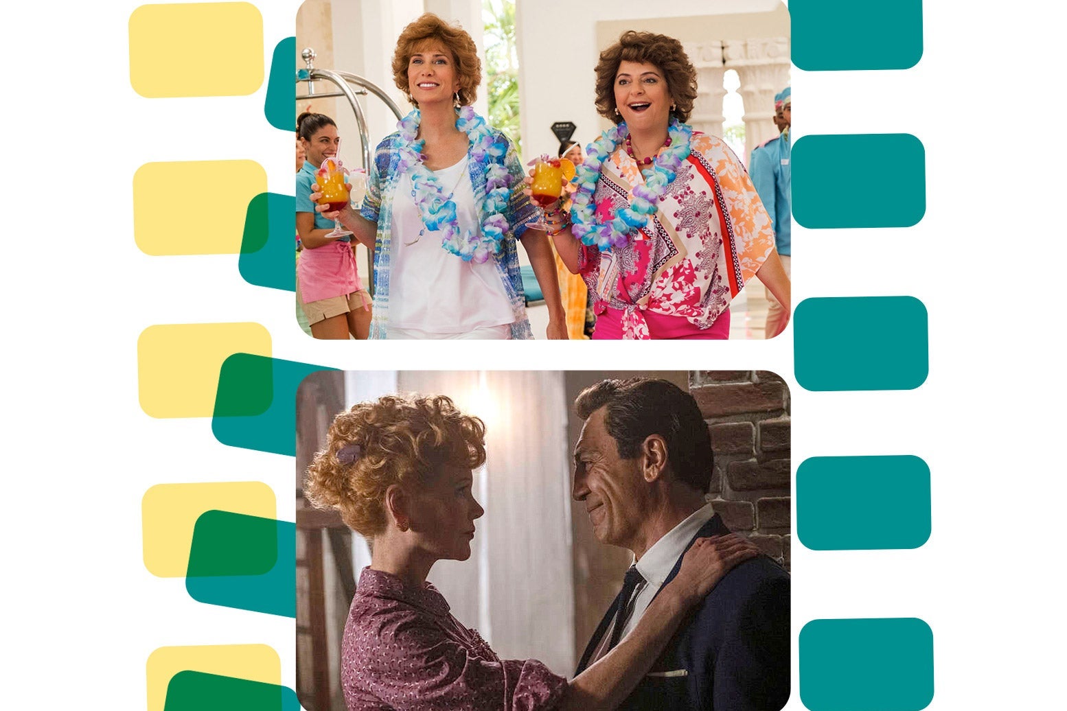 A photo of two women smiling in Hawaii tourist attire above a photo of a woman and a man looking at each other