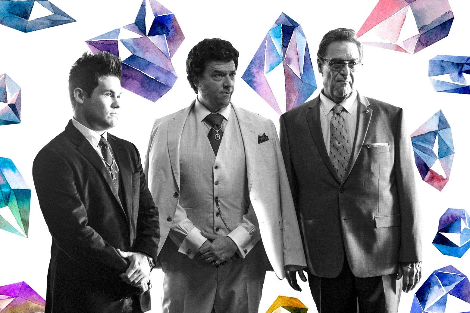 Adam Devine, Danny McBride, and John Goodman on a background of gemstones.