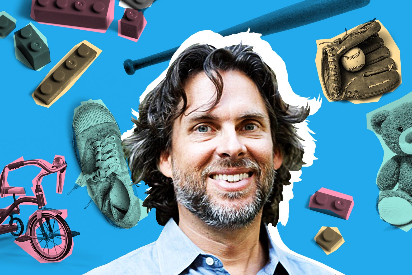 Photo illustration: Author Michael Chabon surrounded by children's toys.