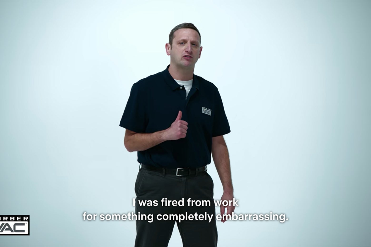 A man against a white background, captioned "I was fired from work for something complete embarrassing."