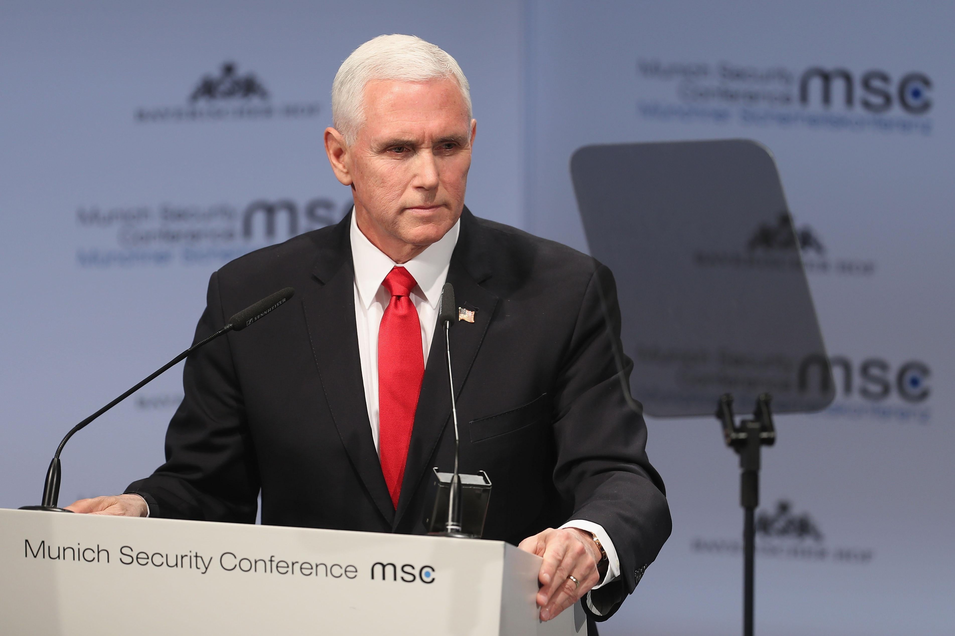 Vice President Michael Pence gives a speech during the 55th Munich Security Conference (MSC) on February 16, 2019 in Munich, Germany.