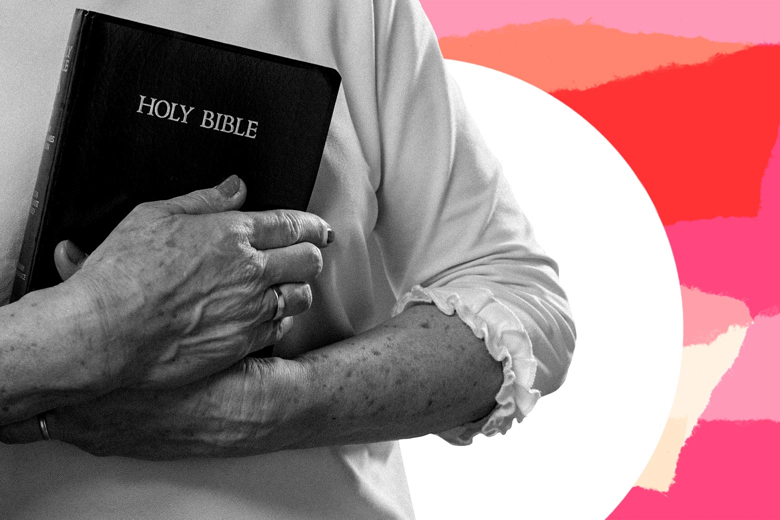 Collage of an older woman holding a bible in front of pink paper tears. 