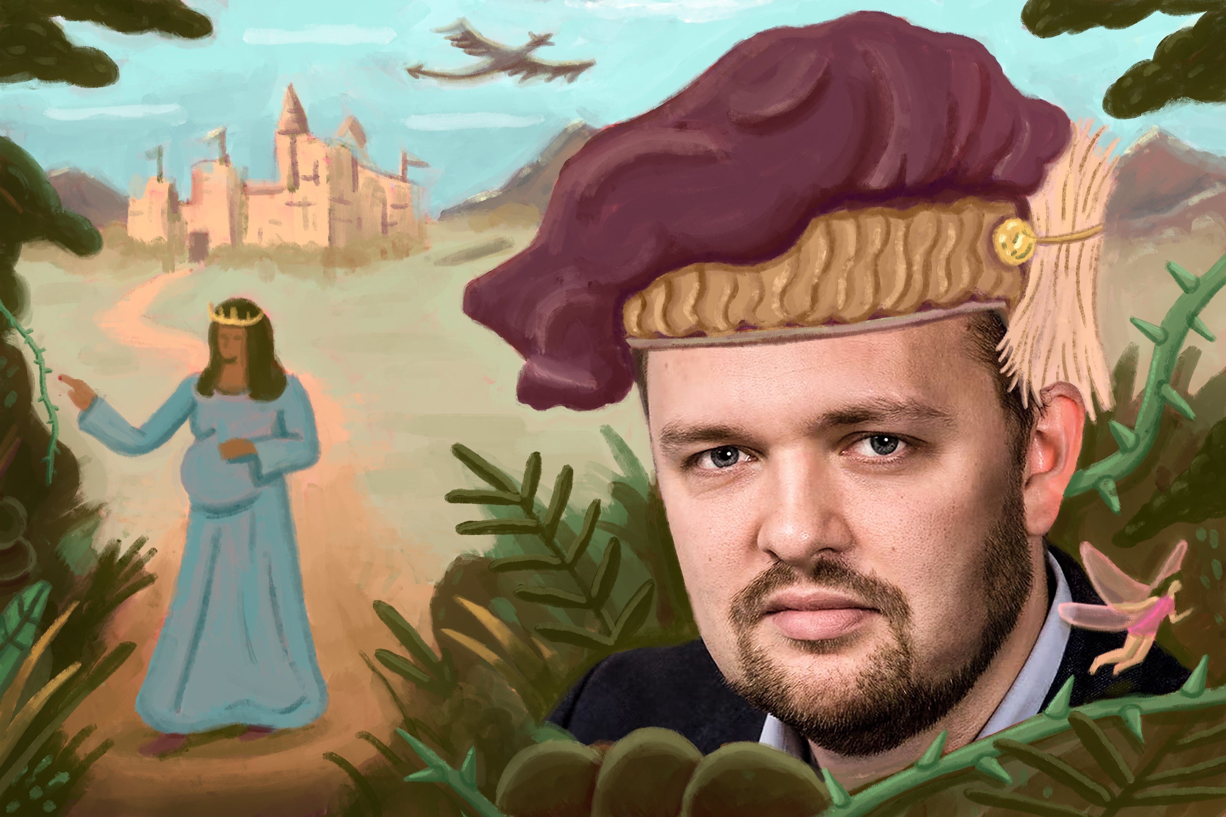 Ross Douthat in a magical wood, with fairies, dragons, and a princess.