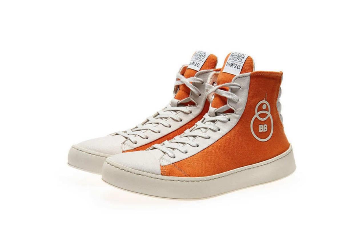 Orange-and-white high tops with a BB-8 design on them.
