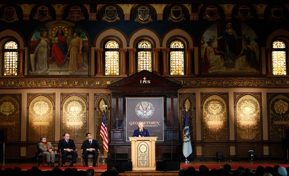 Then-Secretary of State Hillary Rodham Clinton addresses students and faculty members at Georgetown University on Dec. 14, 2009