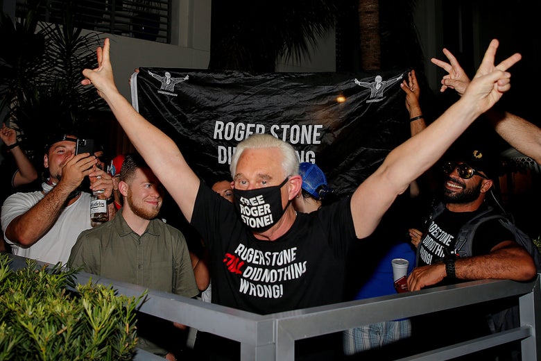 Roger Stone celebrates after President Donald Trump commuted his federal prison sentence, outside his home in Fort Lauderdale, Florida, on July 10, 2020.
