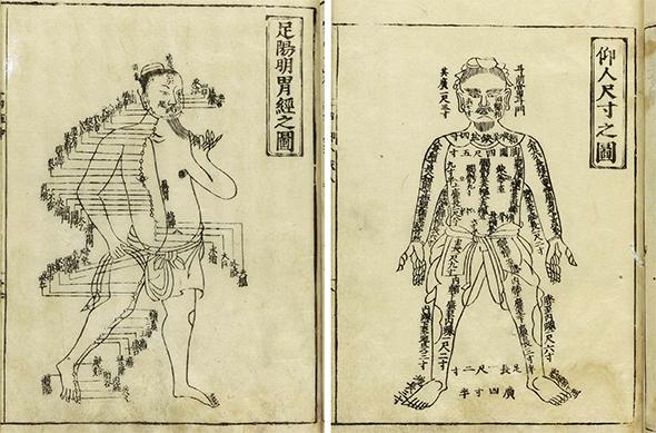 Pages from Shi Si Jing Fa Hui, translated as Routes of the Fourteen Meridians and Their Functions, a classic used in the practice of acupuncture published by Hua Shou in the 14th century.