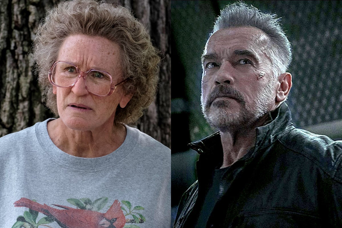 Side-by-side stills of Glenn Close as Mamaw, wearing dowdy glasses and a sweatshirt, and Arnold Schwarzenegger as Carl the Terminator, wearing a leather jacket