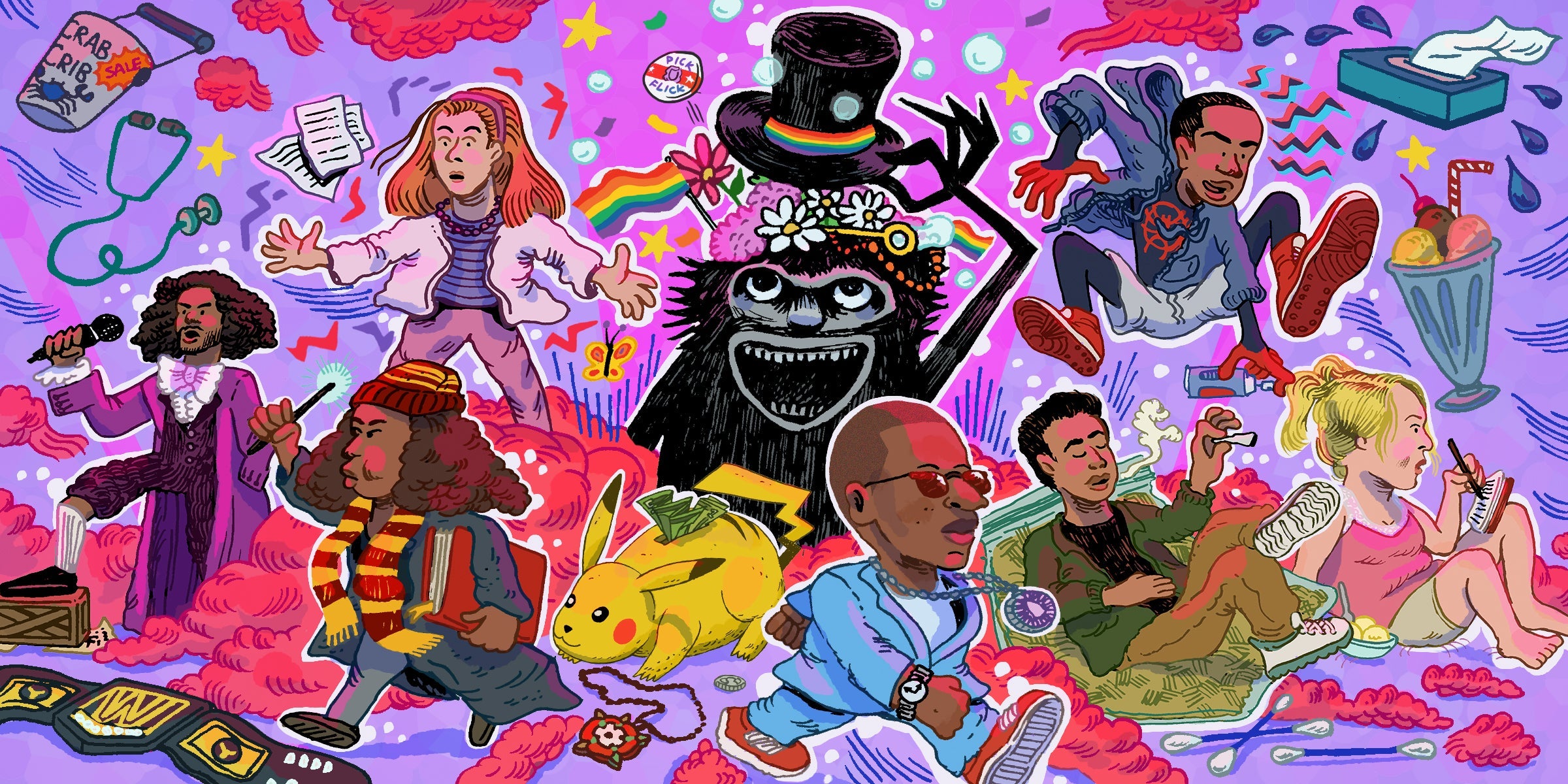 Splash panel featuring Thomas Jefferson, Willow, Hermione, Pikachu, the Babadook, Jay-Z, Miles Morales, Kumar, and Bridget Jones.