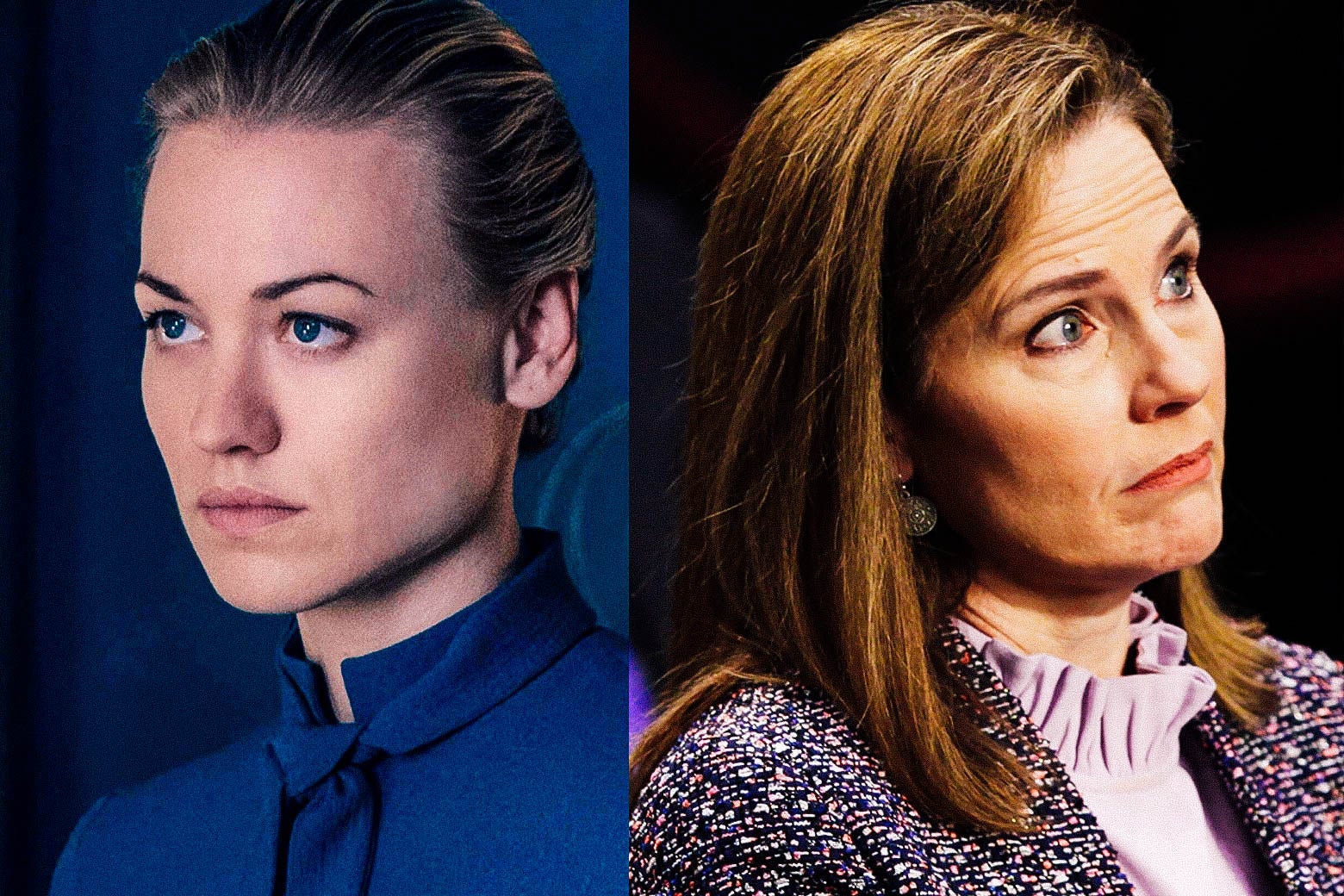 Diptych of Yvonne Strahovski looking stern as Serena Waterford and Amy Coney Barrett at her confirmation hearing