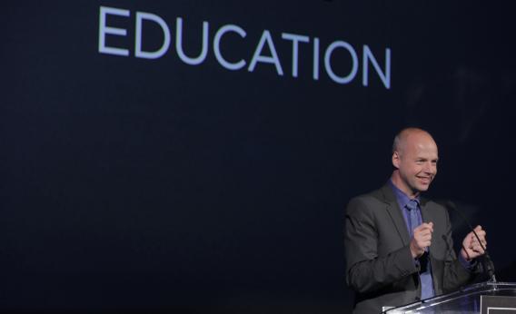 Udacity founder Sebastian Thrun speaks after receiving an ingenuity award for education last fall. 