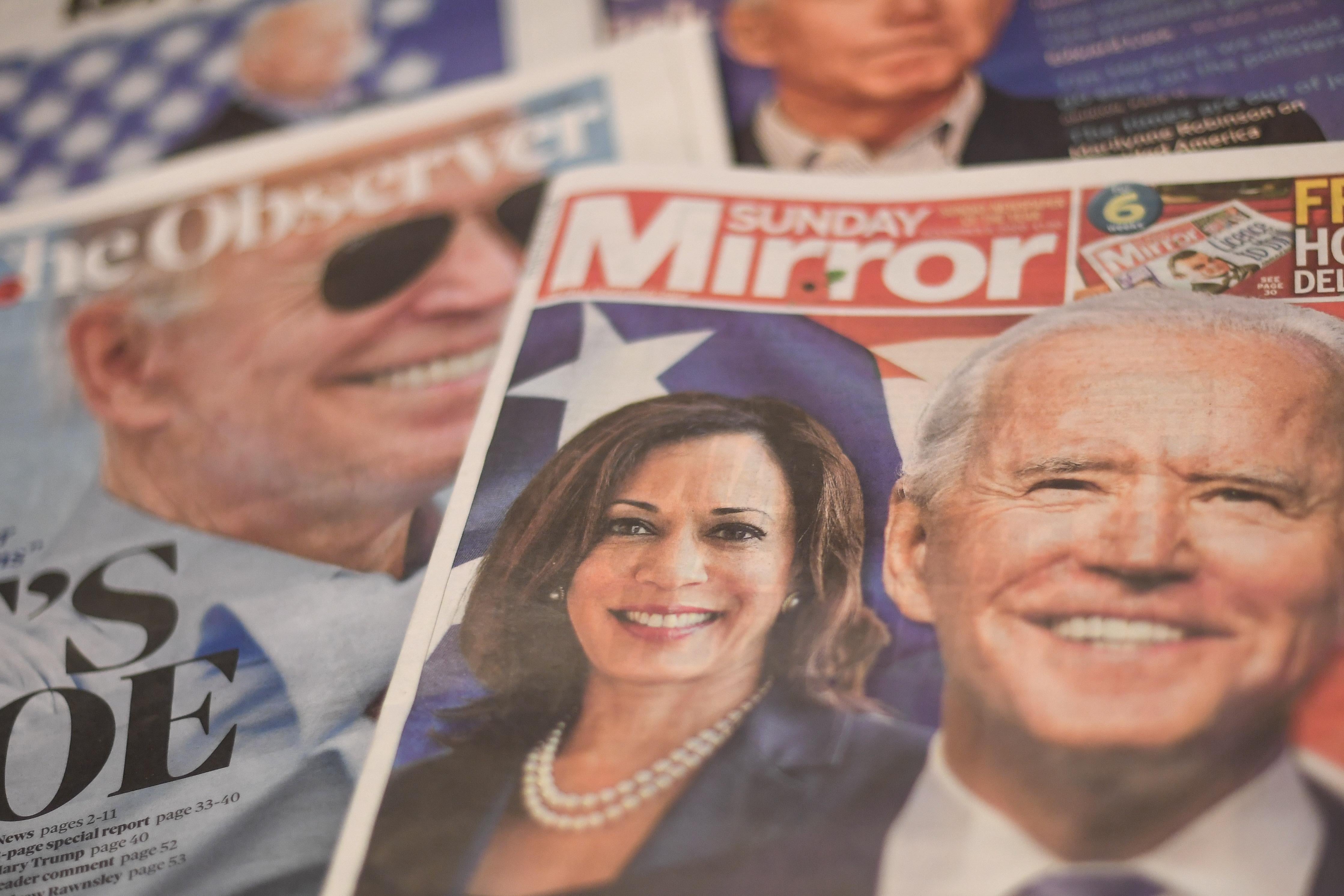 In this photo illustration, Joe Biden's projected US presidential election victory is seen on the front pages of British newspapers on November 8, 2020 in London, United Kingdom. 