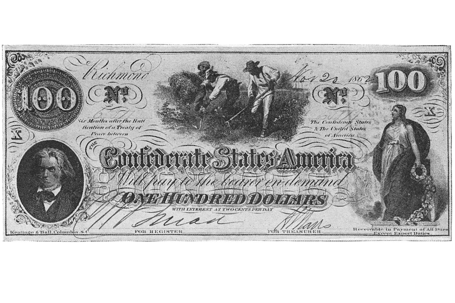 Calhoun pictured on a $100 Confederate States of America bill