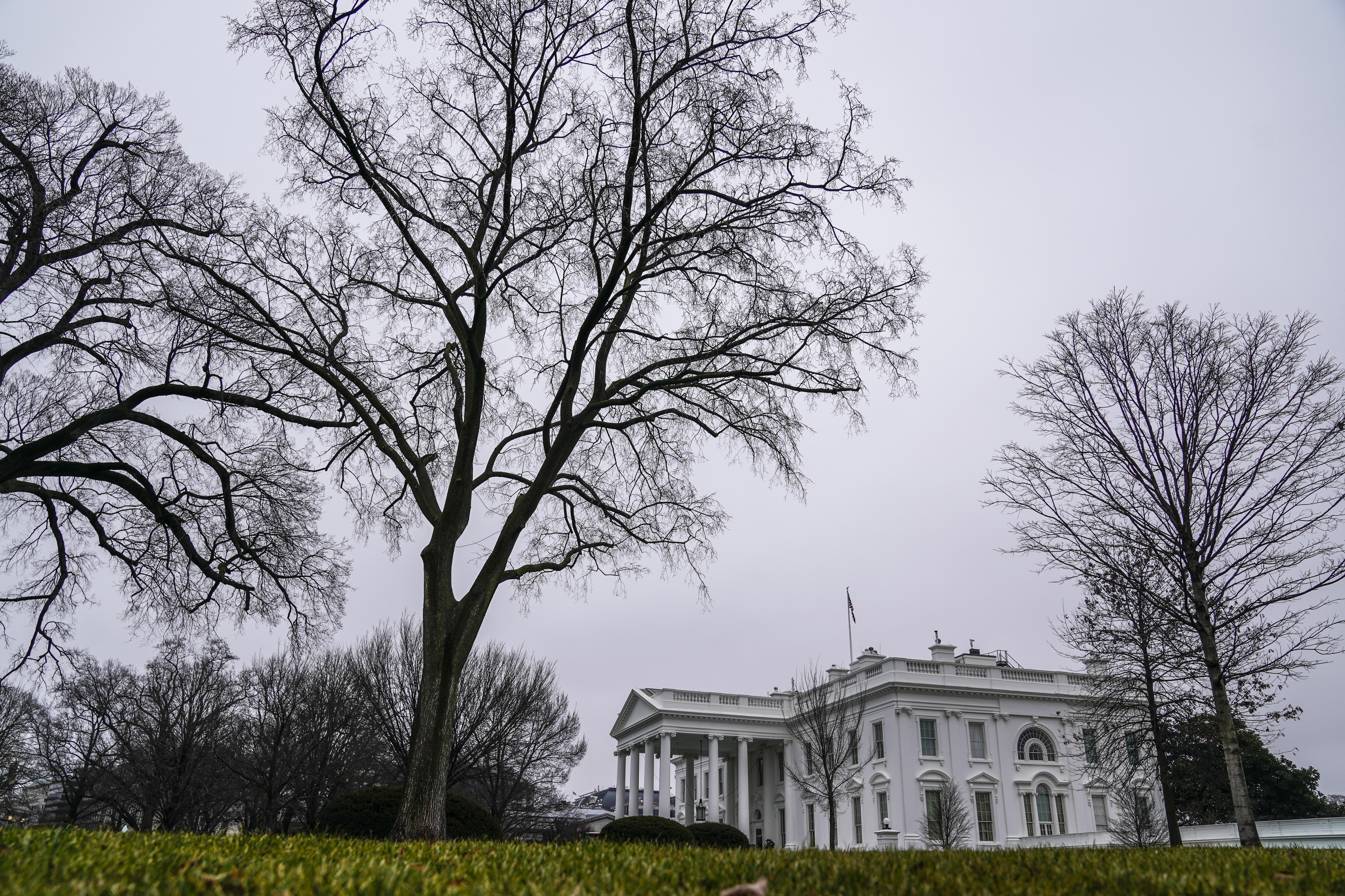 Side view of the White House surrounded by barren trees on a gray, cloudy day