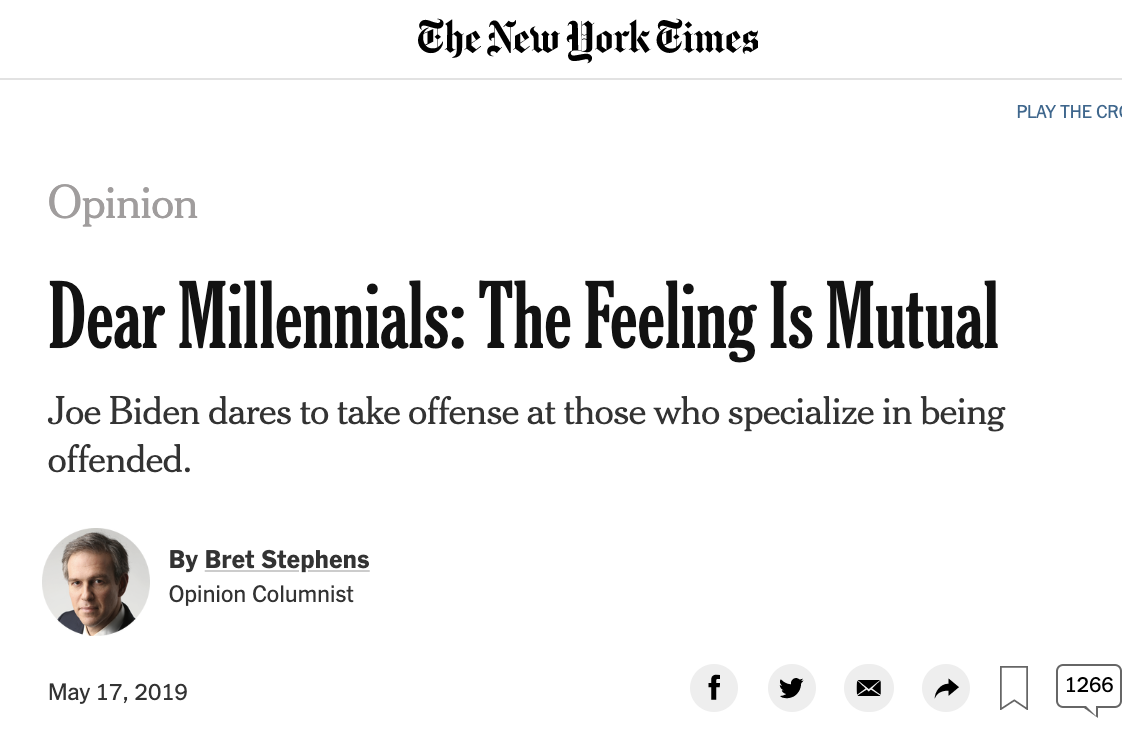 Screenshot of Bret Stephens' column titled "Dear Millennials: The Feeling Is Mutual."