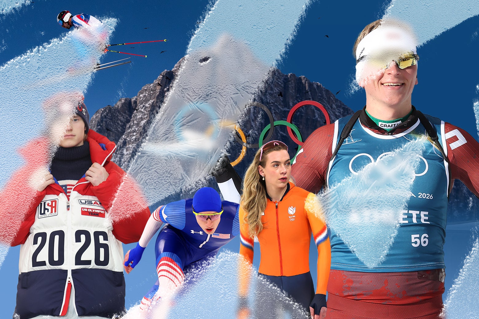 Joy Beune of Team Netherlands, Member 56 of Team Latvia, Jordan Stolz of USA, and Evan Klufts of Team France