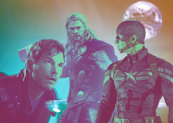 Chris Pratt in Guardians of the Galaxy; Chris Hemsworth in Thor: The Dark World; Chris Evans in Captain America: The Winter Soldier.
