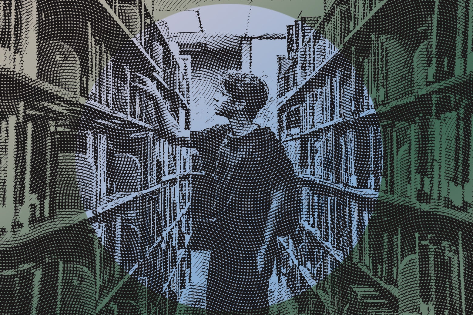male college student browsing library books