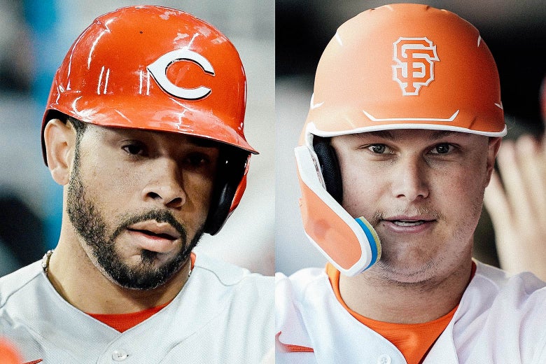 Left: Cincinnati Reds player Tommy pham in a batting helmet looking down into the middle distance and frowning slightly open-mouthed. Right: San Francisco Giants player Joc Pederson in a batting helmet looking right at the camera and smiling slightly