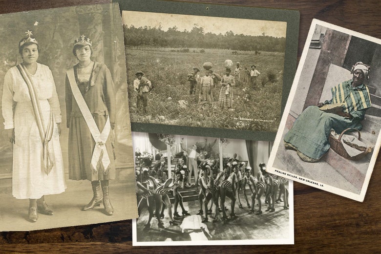 A photo collage of Black women engaged in various activities—including standing for portraits and working in a field.