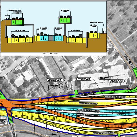 A diagram of an expanded Interstate 35 near Downtown Austin. 