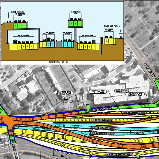 A diagram of an expanded Interstate 35 near Downtown Austin.