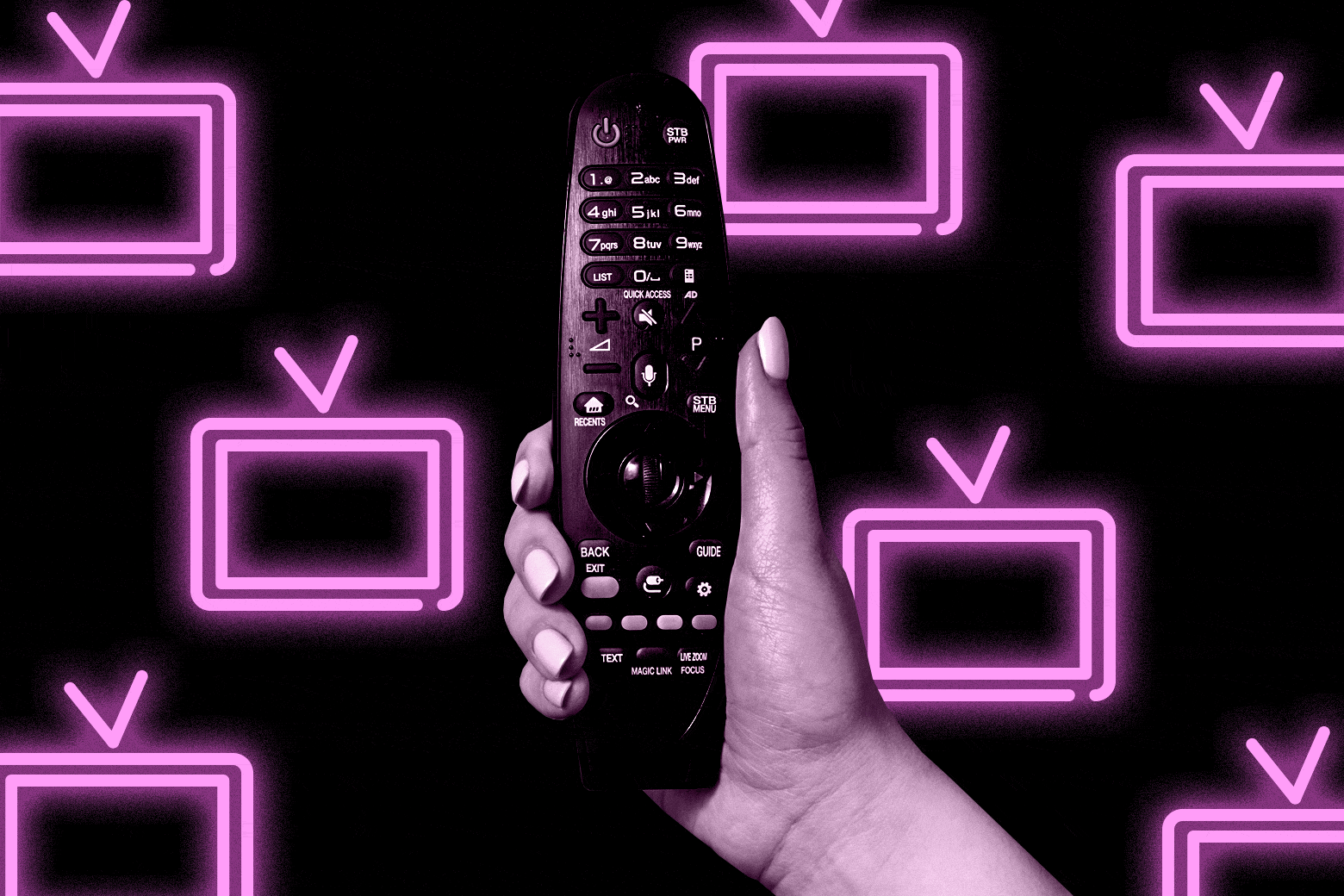 A hand holding a remote, with glowing neon TVs in the background.