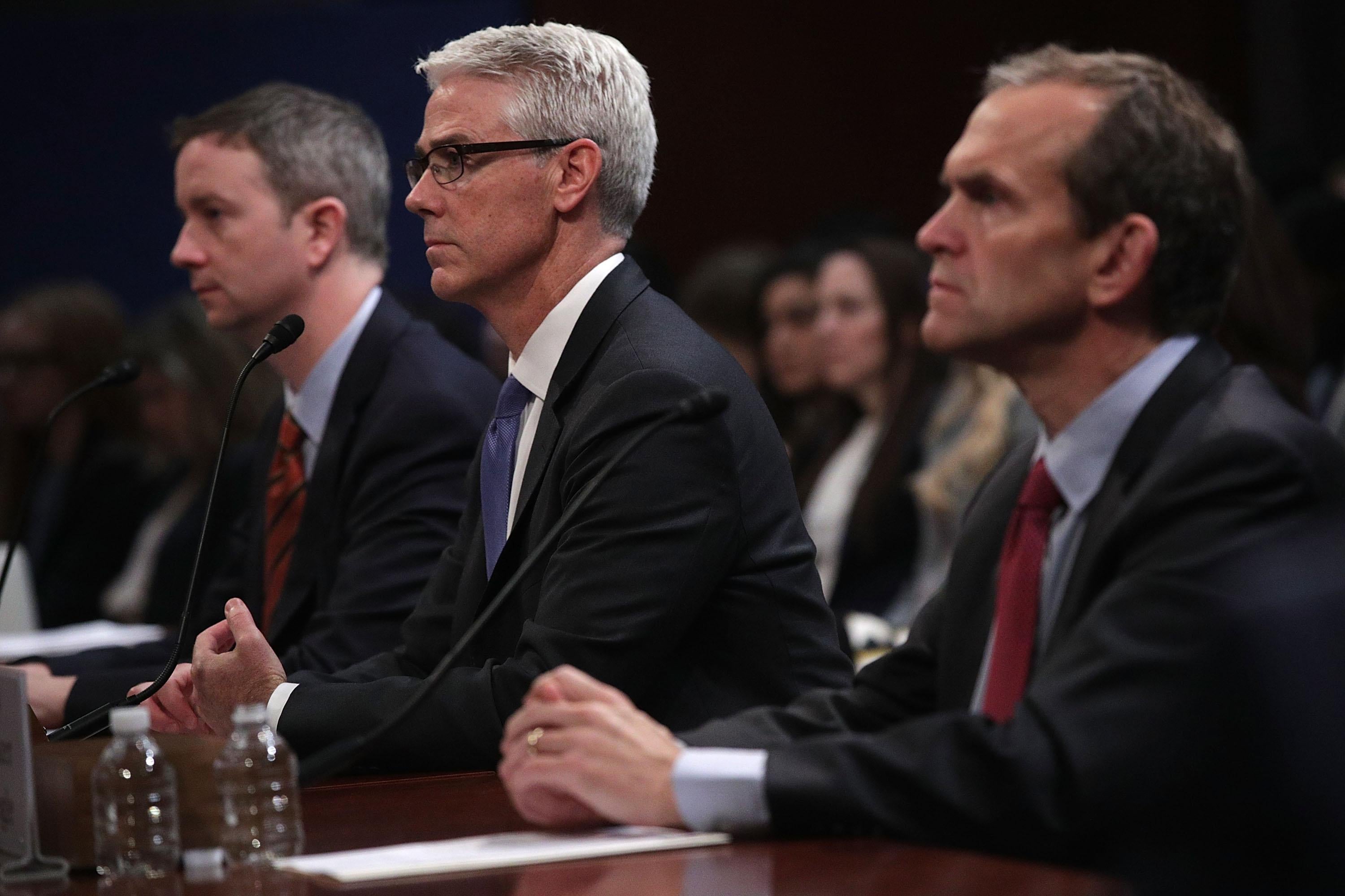 General counsel for Twitter Sean Edgett, Vice President and general counsel for Facebook Colin Stretch, and Senior Vice President and general counsel for Google Kent Walker testify during a hearing before the House (Select) Intelligence Committee.