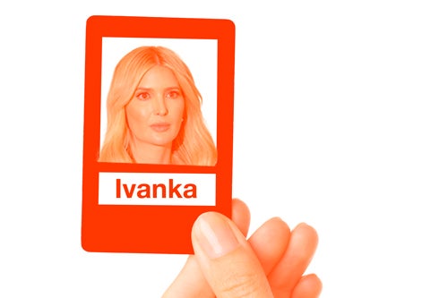 An illustration of a card in the style of the "Guess Who?" game with Ivanka Trump's face on it.