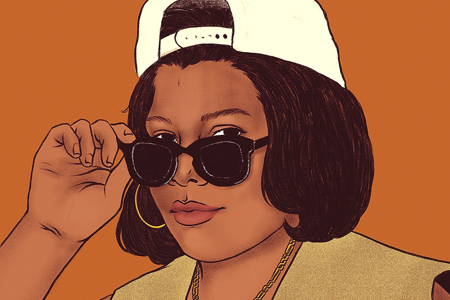 An illustration of Queen Latifah circa 1990s with a backwards cap and sunglasses.