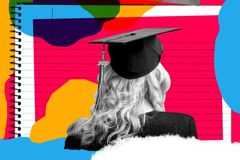 The back of the head of a girl wearing a grad cap is seen in front of a notebook and various shapes of various colors.