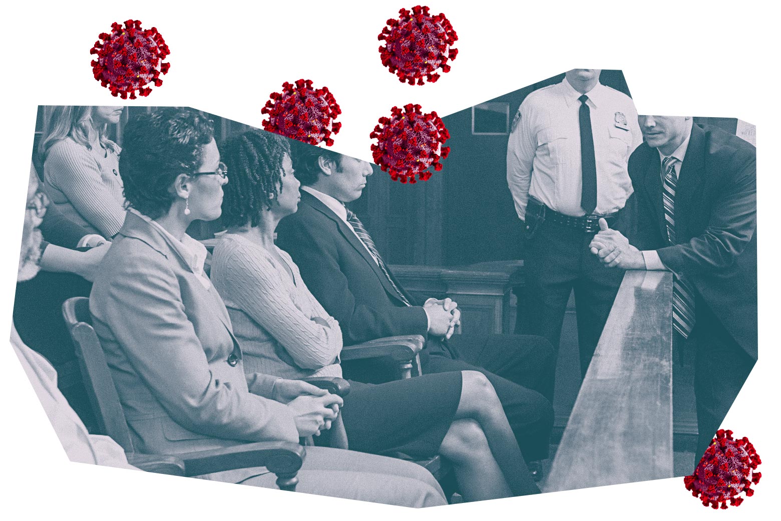 Coronavirus cells are seen floating around an image of people in a courtroom.