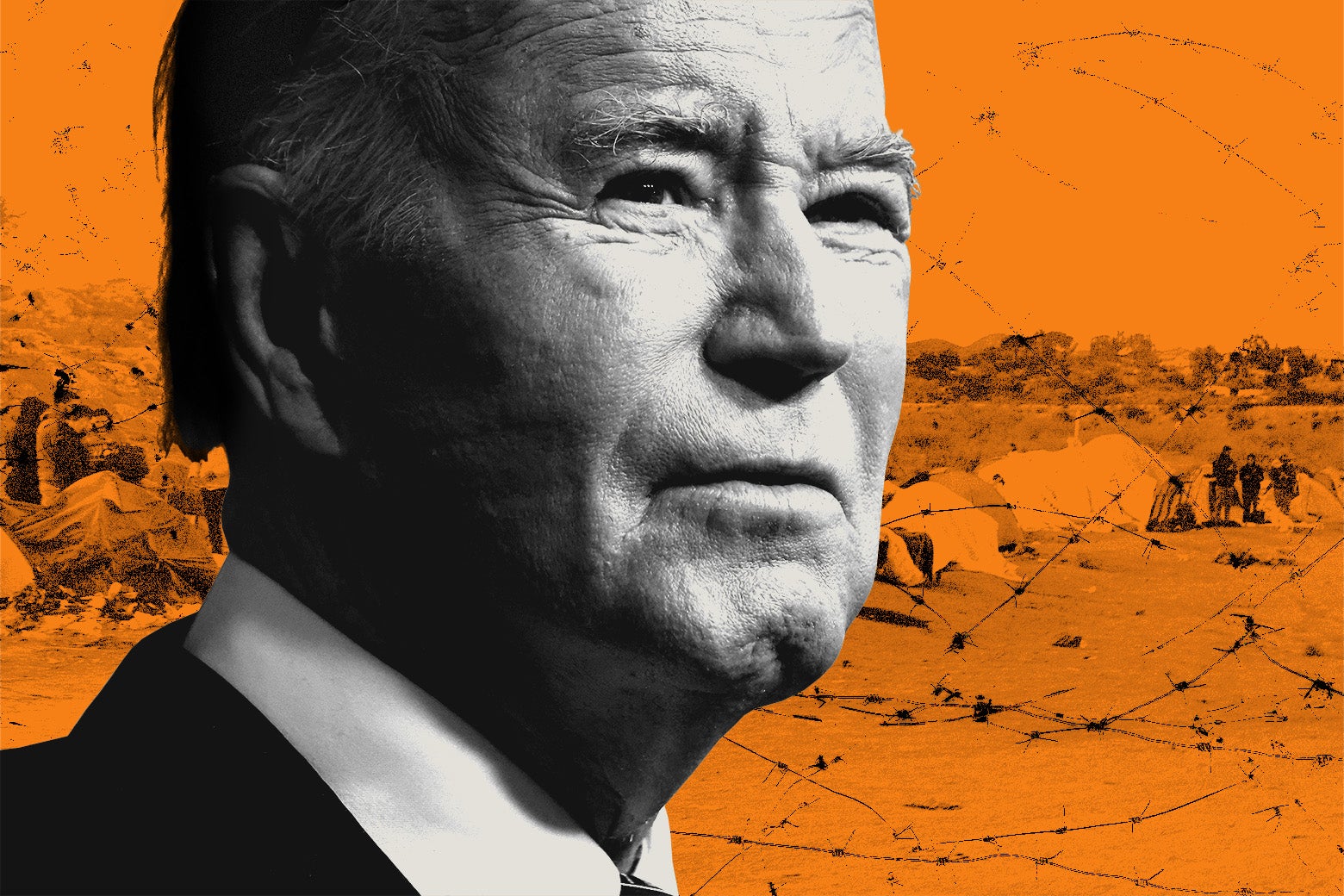 A photo illustration of President Biden overlaid on images from the southern U.S. border and migrant camps in the U.S.