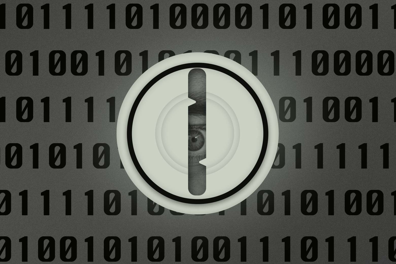 An eye peeking through a keyhole surrounded by binary code. 