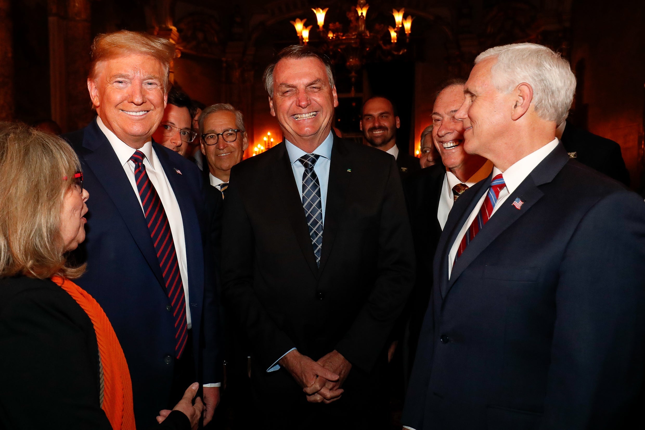 President Donald Trump and Vice President Mike Pence with the Brazilian delegation, including Fábio Wajngarten (over Trump’s shoulder), in Miami on Saturday.
