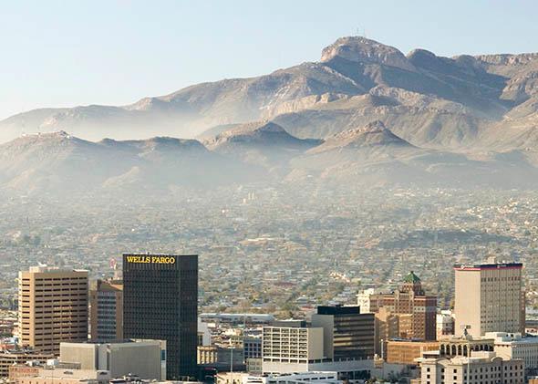 Panoramic view of skyline and downtown El Paso Texas looking toward Juarez, Mexico.