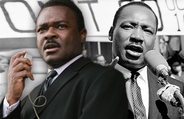 David Oyelowo in Selma as Martin Luther King, Jr., left; MLK delivers a speech on October 16, 1965, in New York City, New York, right.