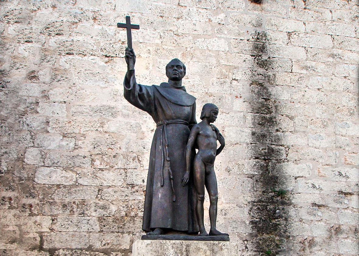 Monument of JunÃ­pero Serra (with JuaneÃ±o Indian boy) on plaza ,Monument of Junípero Serra (with Juaneño Indian boy) on plaza de San Francisco de Asis in Havana.
