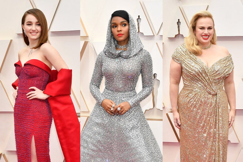 Collage of Kaitlyn Dever, Janelle Monae, and Rebel Wilson on the red carpet.
